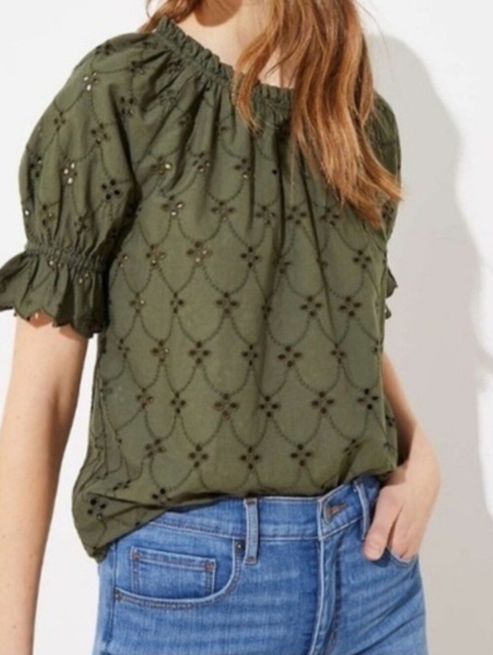LOFT Olive Green Eyelet Lace Puff Sleeve Blouse Top XS